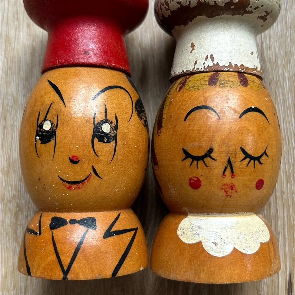 Vintage Woodpecker Woodware Salt Shaker Salty Peppy Chef Guy Girl Handmade Japan